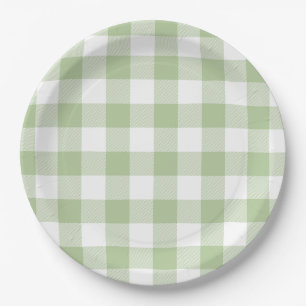 Sage and White Buffalo Plaid Gingham Paper Plates