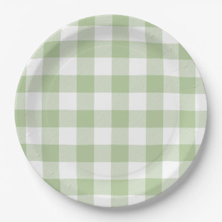Sage and White Buffalo Plaid Gingham Paper Plates