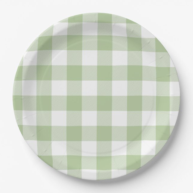 Sage and White Buffalo Plaid Gingham Paper Plates (Front)