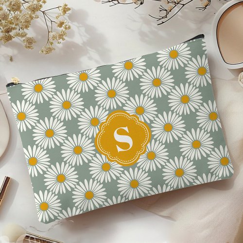 Sage And White Daisy Pattern Monogrammed  Accessory Pouch