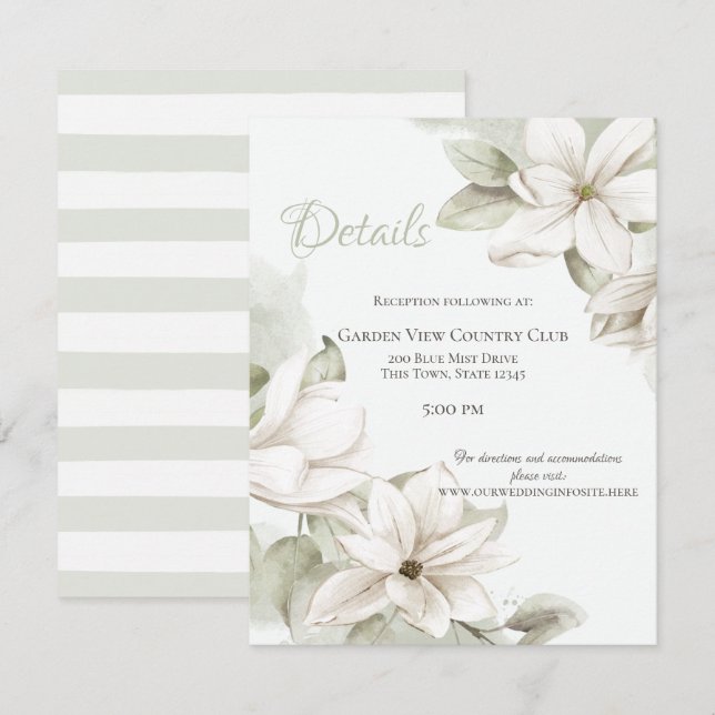 Sage and White Magnolias Wedding Details Invitation (Front/Back)