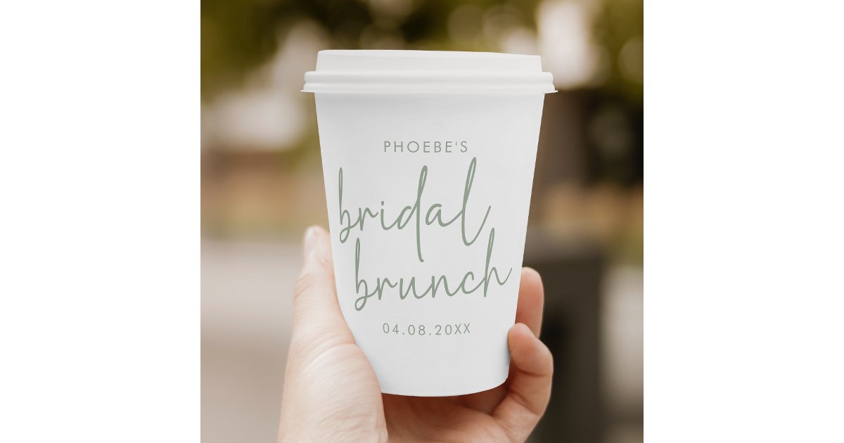 Scripted Cups Sage and White Minimalist Script Bridal Brunch Paper Cups | Zazzle