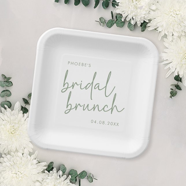 Sage and White Minimalist Script Bridal Brunch Paper Plates (Creator Uploaded)