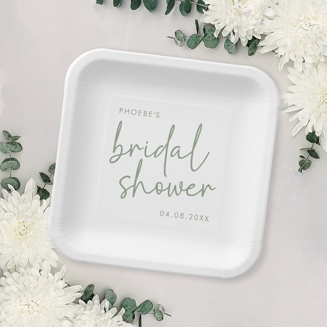 Sage and White Minimalist Script Bridal Shower Paper Plates (Creator Uploaded)