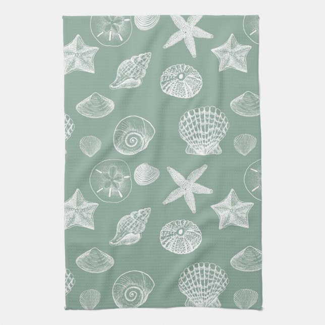 Sage and White Sea Shells Towel (Vertical)