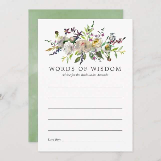 Sage and White Watercolor Bridal Shower Advice Invitation (Front/Back)