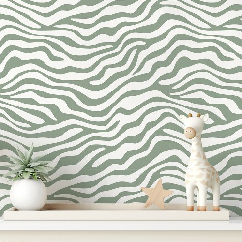 Sage And White Zebra Stripe Wallpaper