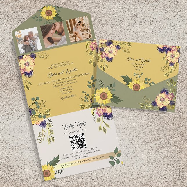 Sage and Yellow Sunflower Wedding All In One Invitation (Creator Uploaded)