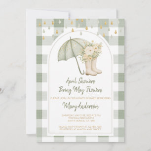 Sage April Showers Green Gingham Baby Shower  Invitation