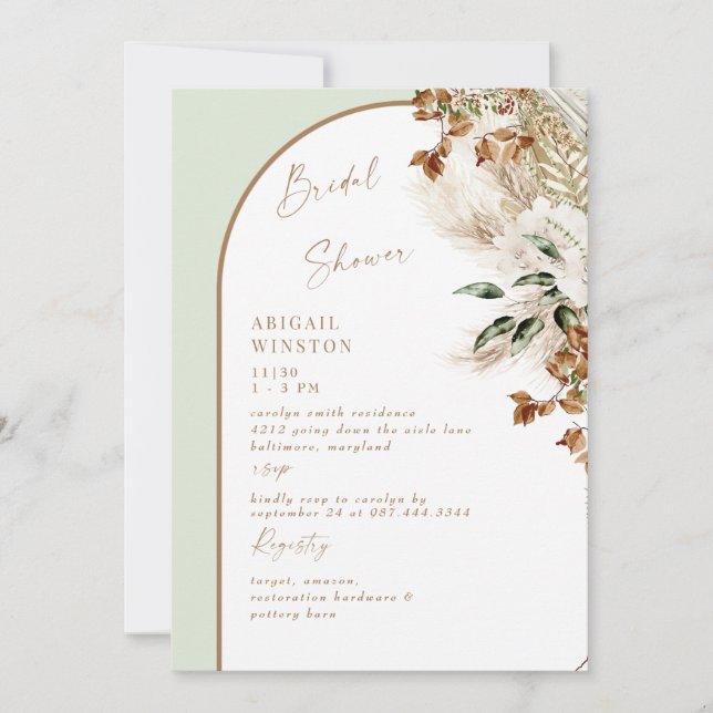 Sage Arch Pampas Boho Bridal Shower Invitation (Front)