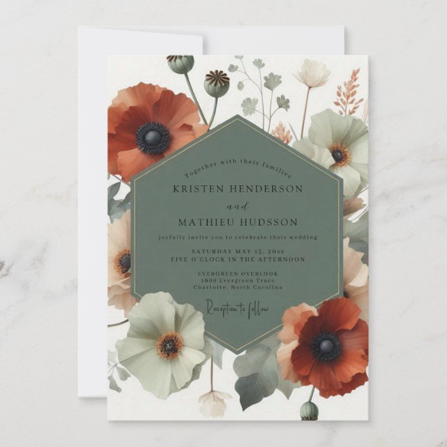 Sage Artistic Poppy Wedding Invitation (Front)