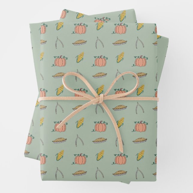 Sage Autumn Harvest Festival Pretty Thanksgiving Wrapping Paper Sheets (In situ)