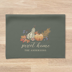 Sage Autumn Pumpkins Custom Family Name Kitchen Towel