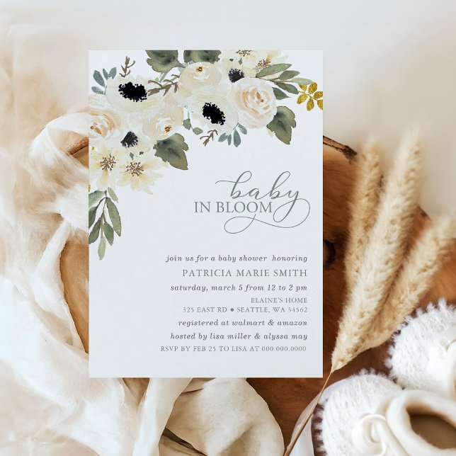 Sage Baby in Bloom Ivory Floral Girl Baby Shower Invitation (Creator Uploaded)