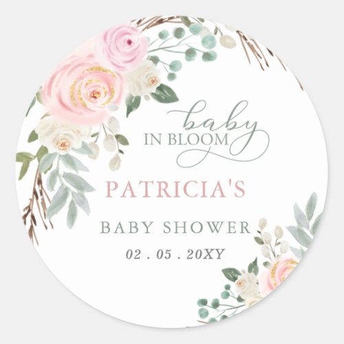 Sage Baby in Bloom Pink Floral Girl Baby Shower Classic Round Sticker