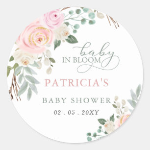 Sage Baby in Bloom Pink Floral Girl Baby Shower Classic Round Sticker