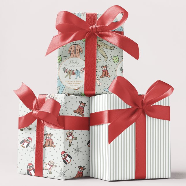 Sage Baby Its Cold Outside Winter Baby Shower Wrapping Paper Sheets (Christmas Winter Baby Shower Gift Wrap. Baby Xmas Pajamas, Cute Animals, Snowflakes, Striped Pattern)