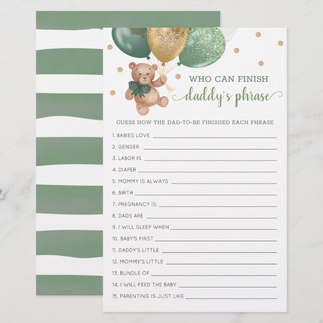 Sage Baby Shower Daddy's Phrase Game Teddy Bear  (Front/Back)