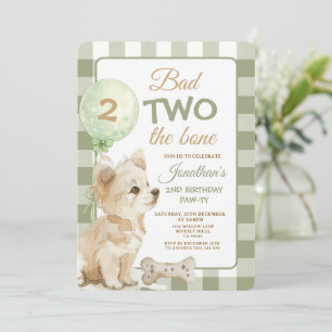 Sage Bad Two the Bone Puppy Birthday Pawty Gingham Invitation