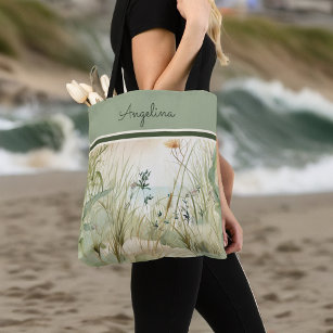 Sage Beach Dunes Grasses and Flowers Monogram Tote Bag