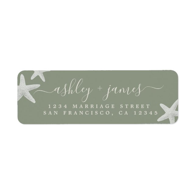 Sage Beach Starfish Script Wedding Return Address Label (Front)