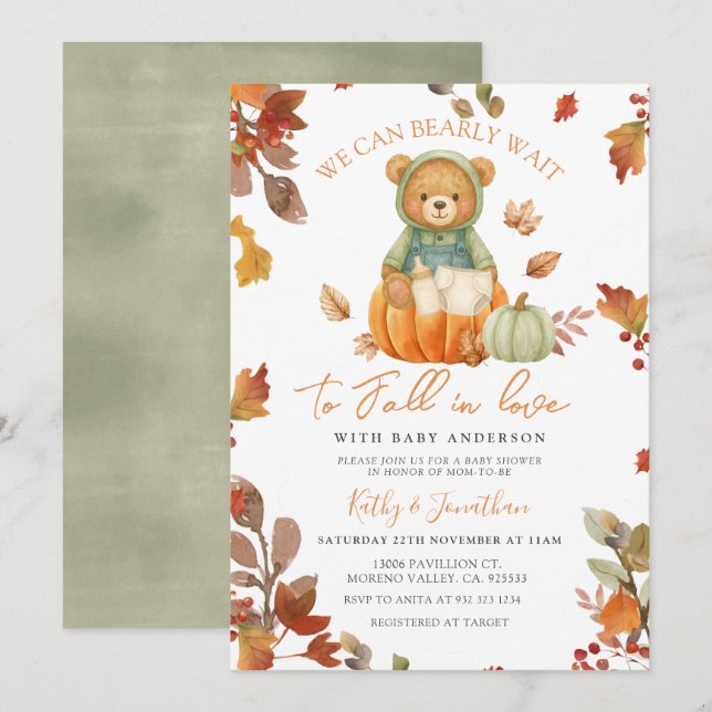 Sage Bear Fall in Love Pumpkin Baby Shower Invitation (Front/Back)