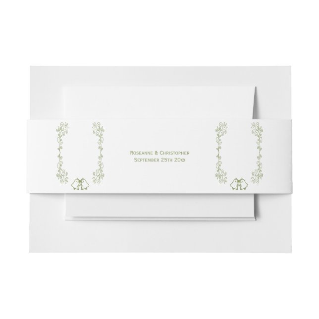 Sage Bells Scrollwork Design Wedding Invitation Belly Band (Front Example)