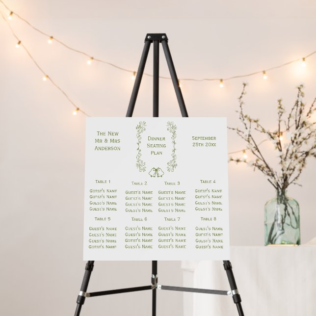 Sage Bells Scrollwork Wedding Seating Chart Foam Board (In Situ (Stand))