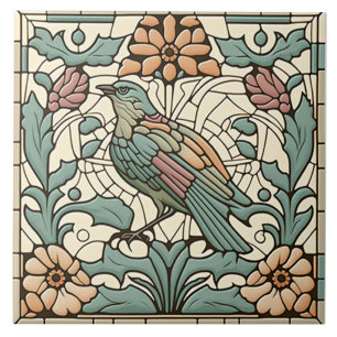 Sage Bird and Ochre Flowers Art Nouveau Ceramic Tile