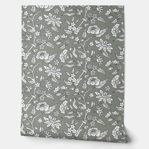 Sage Black and White Floral Illustrated Pattern Wallpaper