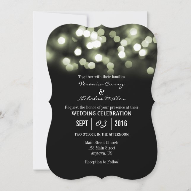 Sage Black Bokeh Glitter Lights Wedding Invites (Front)