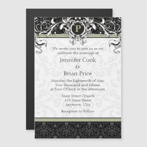 Sage Black Monogram Magnetic Wedding Invitation