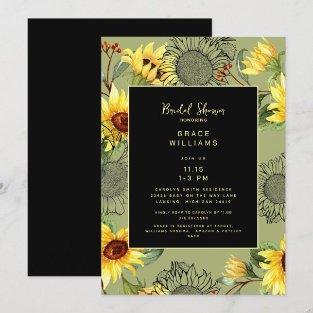 Sage & Black Watercolor Sunflower Bridal Shower Invitation (Front/Back)