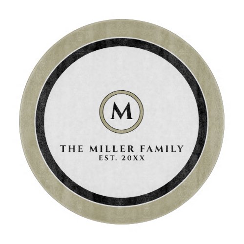 Sage Black White Monogram Family Name  Date Round Cutting Board