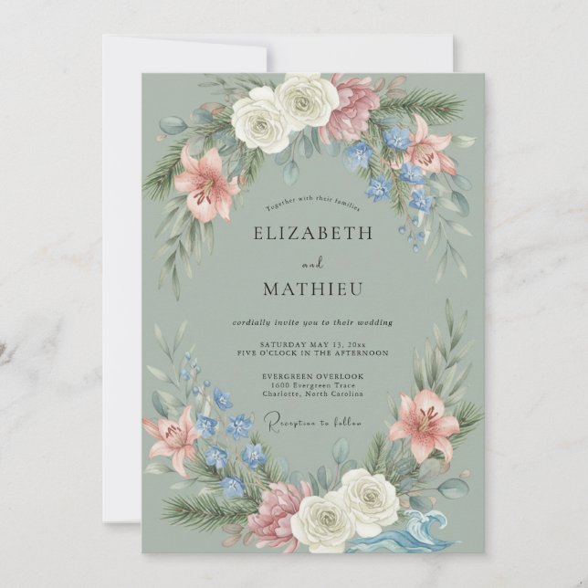 Sage Blossom Arch Flourish Wedding Invitation (Front)