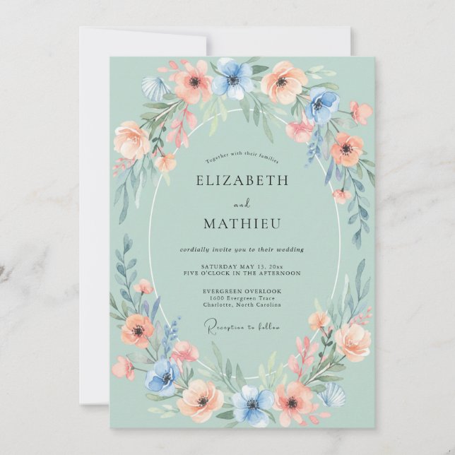 Sage Blossom Oval Flourish Wedding Invitation (Front)