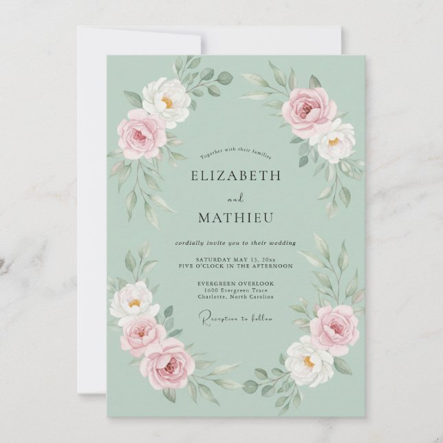 Sage Blossom Romantic Flourish Wedding Invitation (Front)