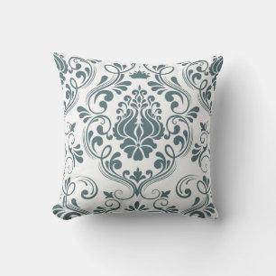 Sage Blue and White Damask Floral Pattern Elegant Throw Pillow