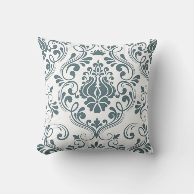Sage Blue and White Damask Floral Pattern Elegant  Throw Pillow (Front)