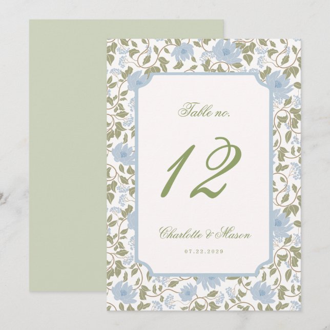 Sage Blue Chintz Floral Wedding Table Number Card (Front/Back)