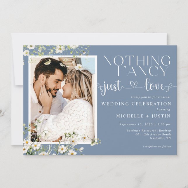 Sage Blue Floral Casual Wedding Just Love Invitation (Front)