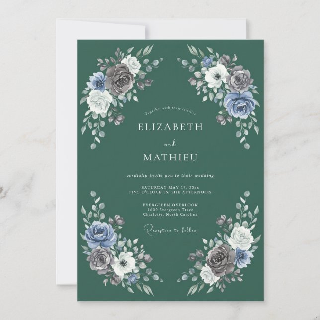 Sage Blue Floral Garland Wedding Invitation (Front)