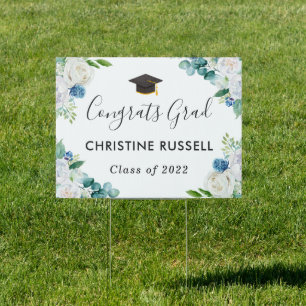 Sage Blue Floral Graduation Yard Sign