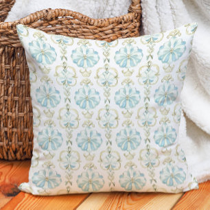 Sage Blue Ivory Floral Spring Summer Throw Pillow