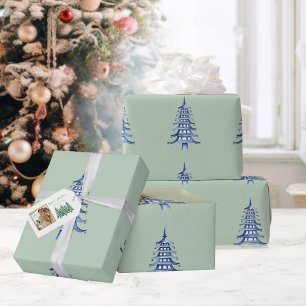 Sage Blue Pagoda Christmas Tree Pattern Wrapping Wrapping Paper