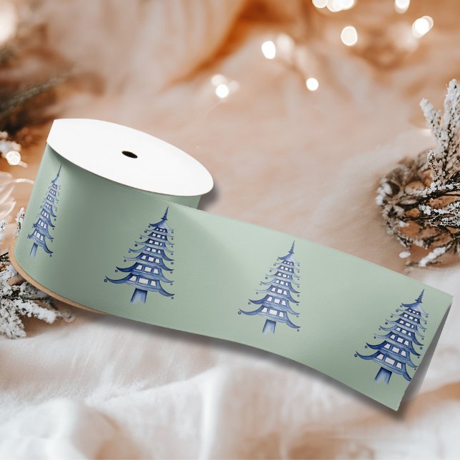 Sage Blue Pagoda Christmas Tree  Satin Ribbon (Sage Blue Pagoda Christmas Tree Satin Ribbon)