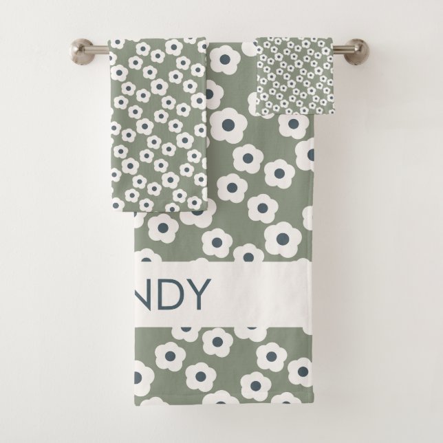 Sage Blue Personalized Modern Retro Floral   Bath Towel Set (Insitu)