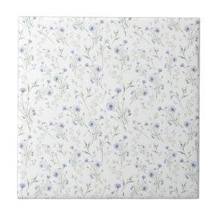 Sage Blue Watercolor Wildflower Floral Custom Name Ceramic Tile