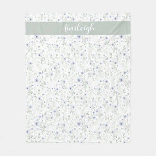Sage Blue Watercolor Wildflower Monogram Name Fleece Blanket