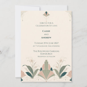 Sage Blush Art Deco Floral Wedding Invitation